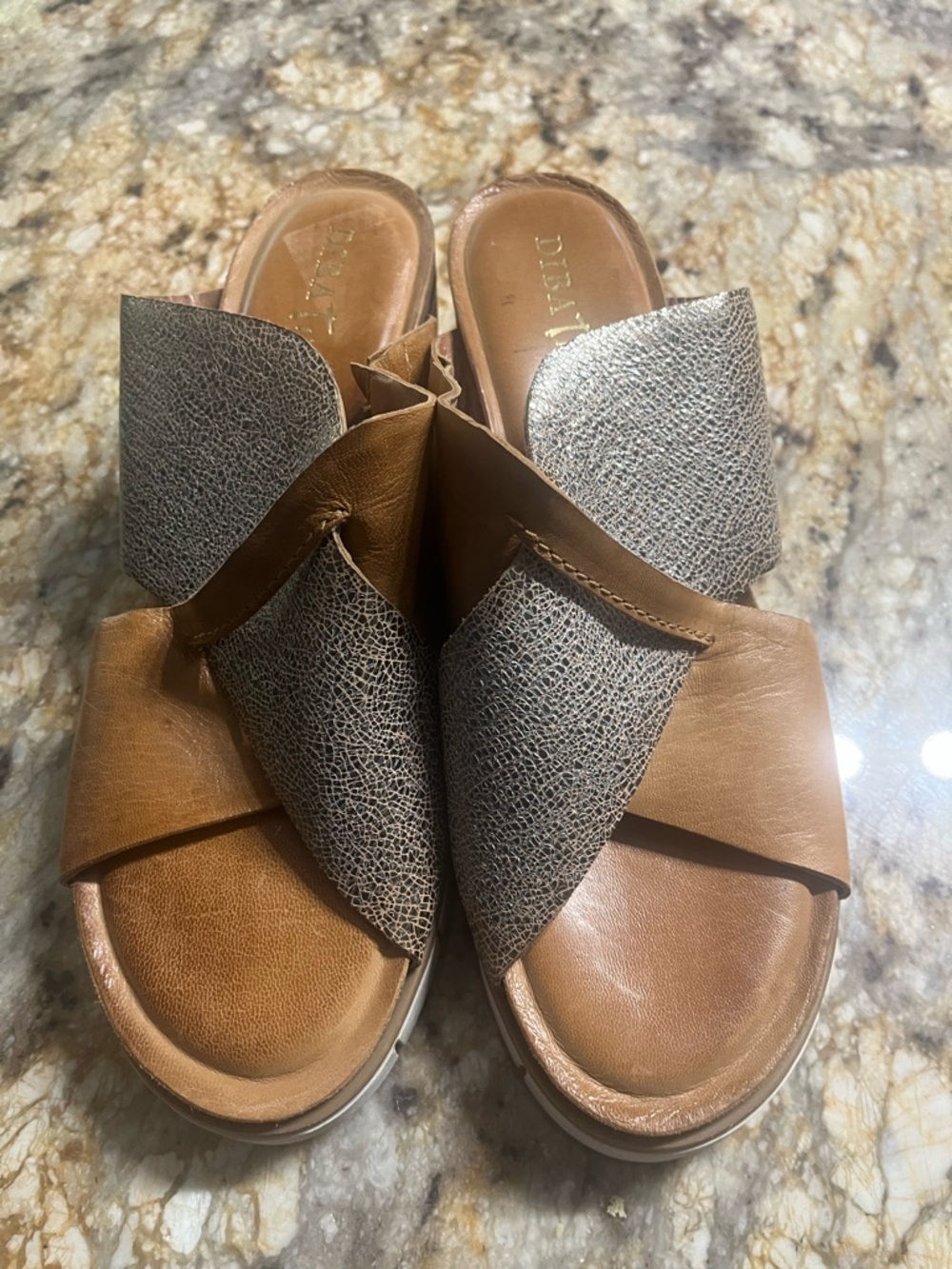 Dibs True Metallic & Tan Leather Crossover Wedge Sandals